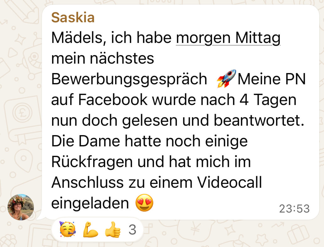 WhatsApp-Nachricht einer Teilnehmerin von Own Your Income