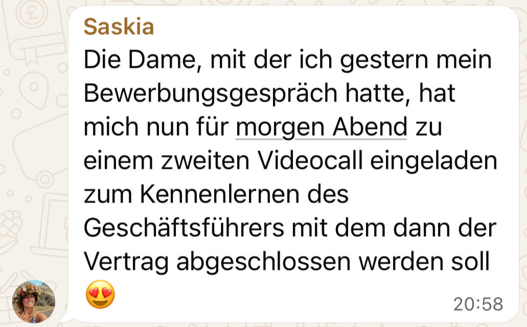 WhatsApp-Nachricht einer Teilnehmerin von Own Your Income