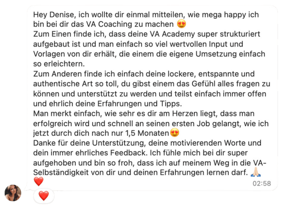 WhatsApp-Nachricht einer Teilnehmerin von Own Your Income