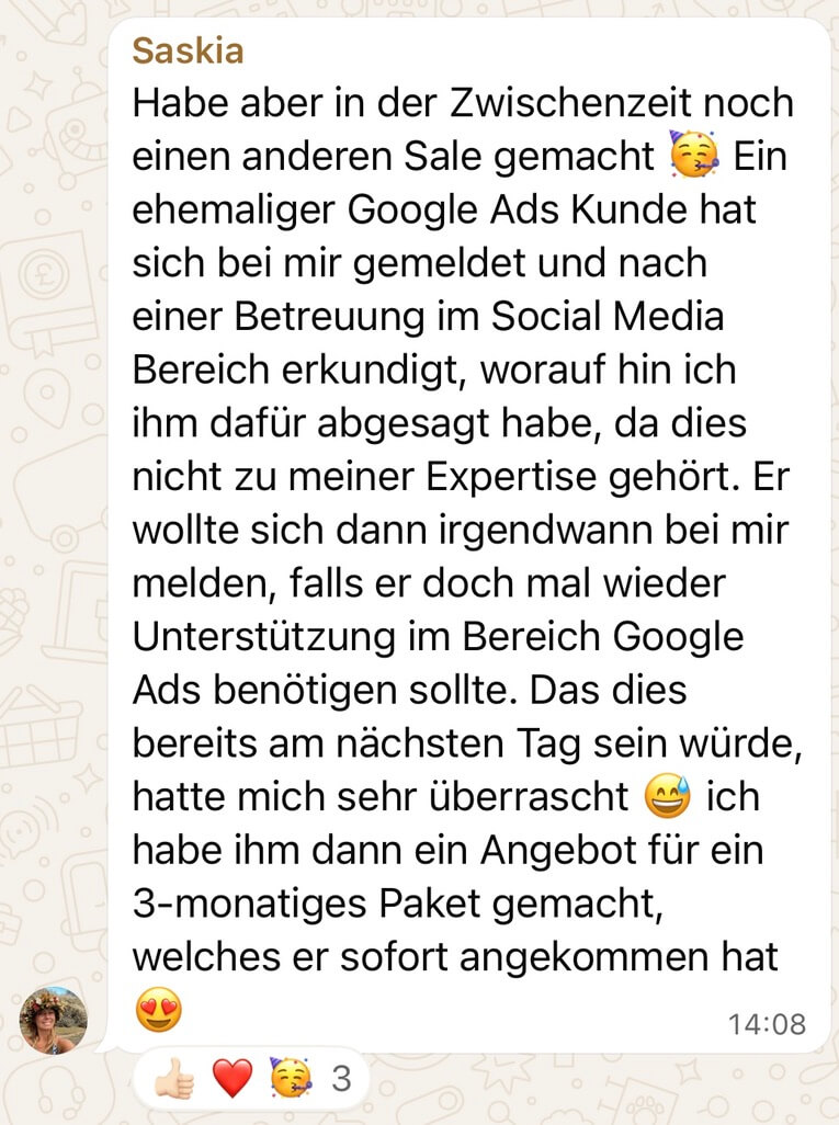 WhatsApp-Nachricht einer Teilnehmerin von Own Your Income