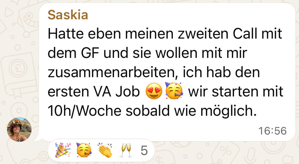 WhatsApp-Nachricht einer Teilnehmerin von Own Your Income
