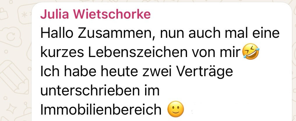 WhatsApp-Nachricht einer Teilnehmerin von Own Your Income