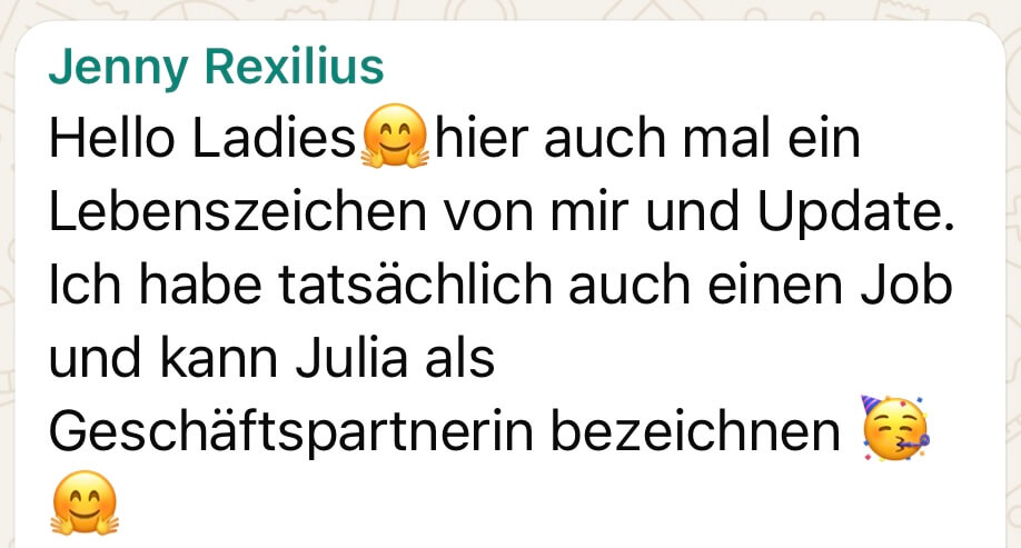 WhatsApp-Nachricht einer Teilnehmerin von Own Your Income