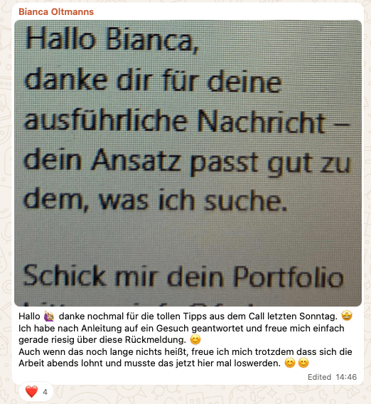 WhatsApp-Nachricht einer Teilnehmerin von Own Your Income