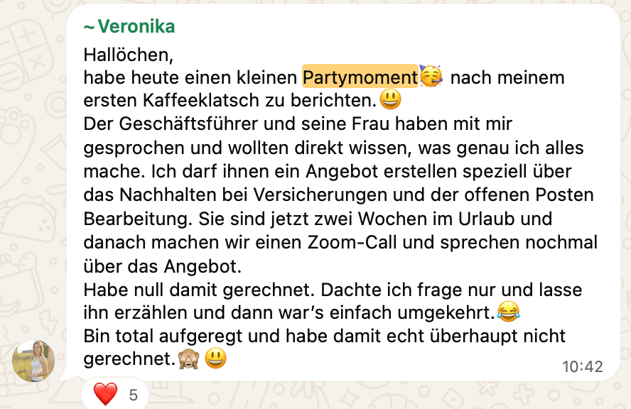 WhatsApp-Nachricht einer Teilnehmerin von Own Your Income