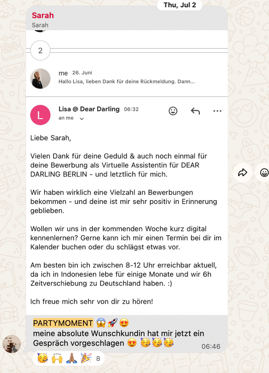 WhatsApp-Nachricht einer Teilnehmerin von Own Your Income